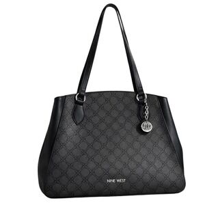 Nine West Women Black Grey Monogram Logo Tote Triple Compartment Shoulder Bag